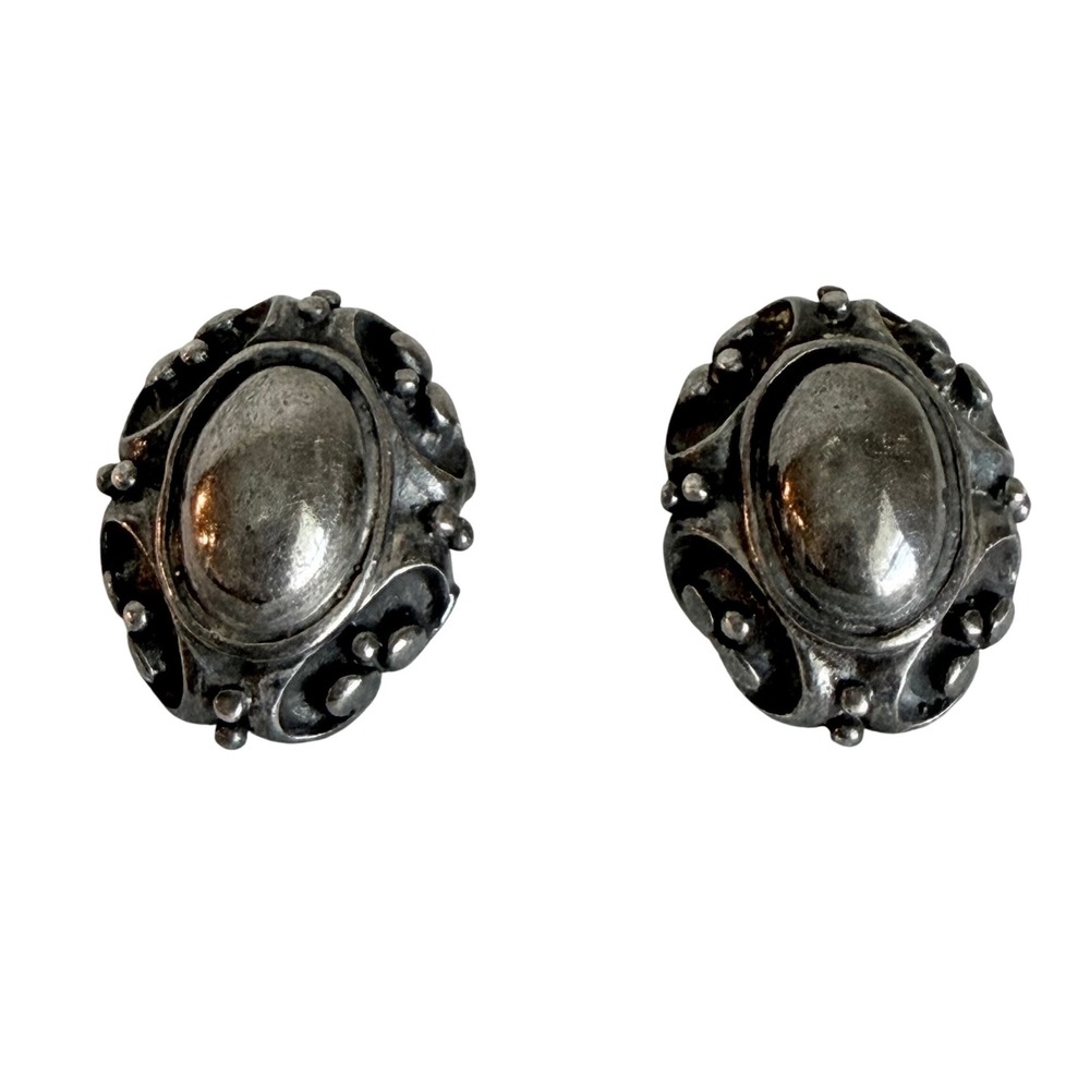 Vintage Antiqued Silver Tone Ornate Oval Clip On Statement Earrings Victorian